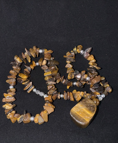 Vintage Tiger's Eye Pendant Beaded Necklace 18" Silver Tone Beads & Barrel Clasp - Picture 14 of 14