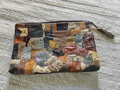 1960 Crazy Quilt Style Reptile Snake Skin Patches Leather Bag Zipper Tassle