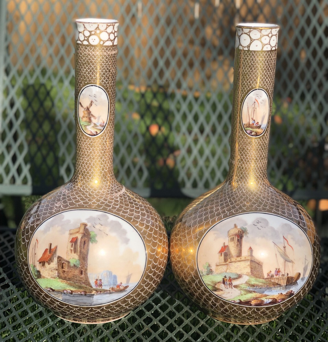 TWO ANTIQUE DRESDEN PORCELAIN VASES HAND PAINTED 24 K GERMAN RARE