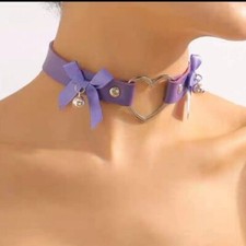 Heart Choker Necklace Embellished Studded Purple Bows Silver Heart Pendant