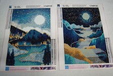 Completed 2 Diamond Art Painting Full Round Moon Stars Stream Mountain 12"x16"ea