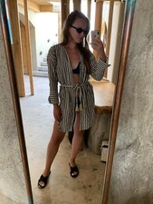 Zara Tunic Long Shirt Beachwear Kimono Dress Top Striped With Belt Size XS White