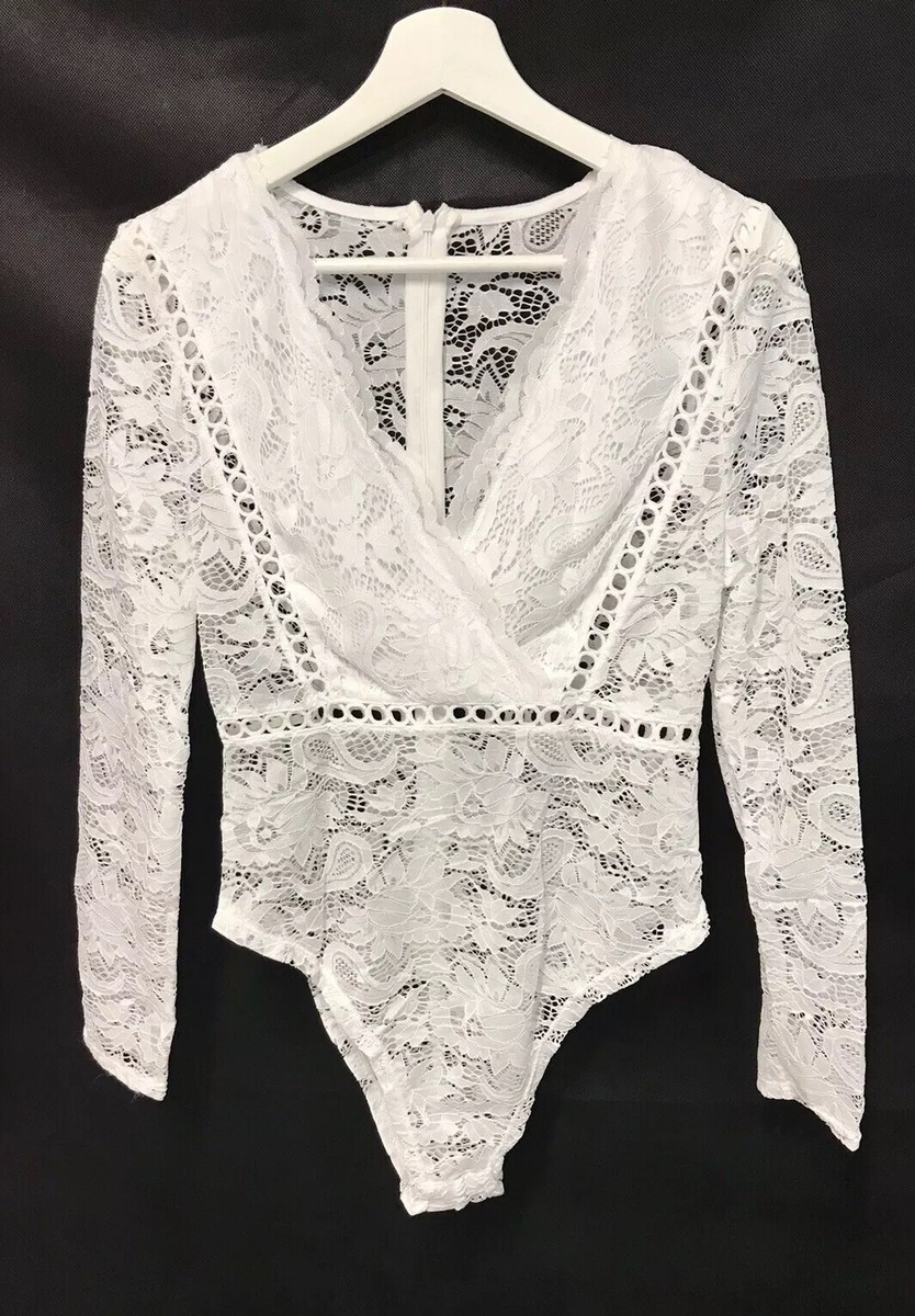 Romantic Sexy Crisp White Lace Stretch Bodysuit Back Zip Close NEW