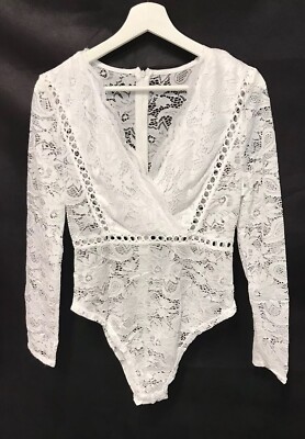 Romantic Sexy Crisp White Lace Stretch Bodysuit Back Zip Close NEW