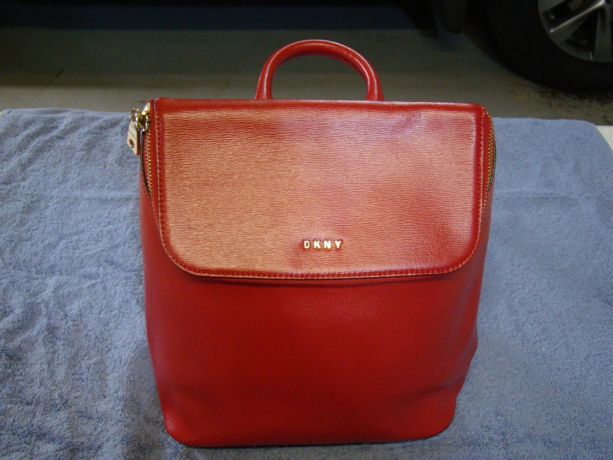 DKNY Bryant Red Leather Top Zip Backpack DKNY Bryant red Saffiano leather backpack with gold hardware main image 4