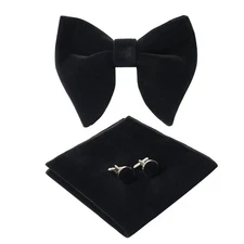 Men's Velvet Pre-Tied Oversized Tuxedo Bow Tie and Pocket Square Wedding