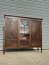 Edwardian Mahogany China Display Cabinet Inlaid Glazed Bookcase Vintage