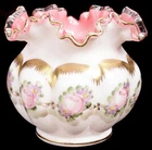 Vintage Fenton Charleton Melon Peach Crest Ruffled Edge Painted Rose Bowl Vase