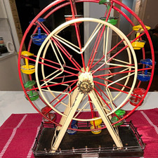 Vintage Tin Wind-Up Ferris Wheel Toy Red White w/ Multicolor Seats 17
