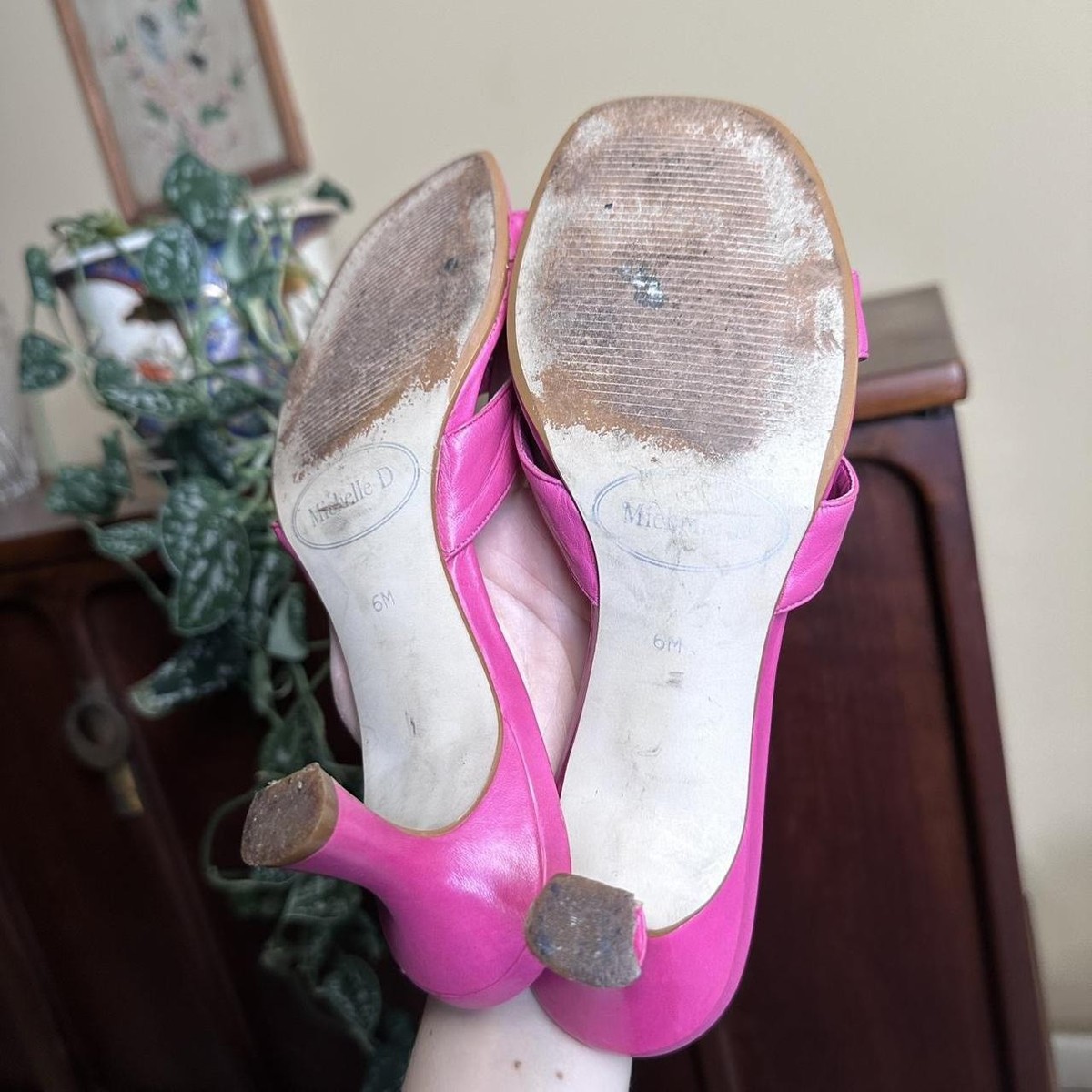 Vintage pink kitten heels mules with buckle silver tone