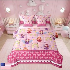 Erosebridal 7 Piece Princess Kids Comforter Set Queen Pink Rainbow Bow Stripes