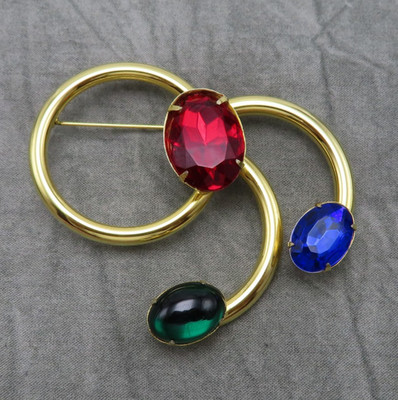 Vintage Massive Rhinestone Brooch Pin Blue Red Crystal Green Lucite 3.25 in 623f