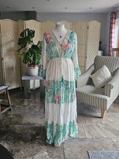 Ivory Turquoise & Multi Gold Paisley Pattern Boho Maxi Beach Goddess Dress 10 12