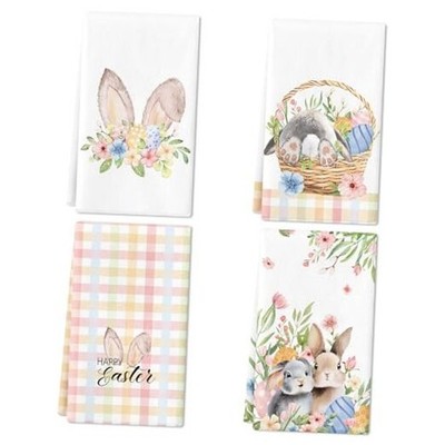 4 PCS Kitchen Towels,16x24 Inch Pink Bunny Rabbit Ears Floral Dish Easter