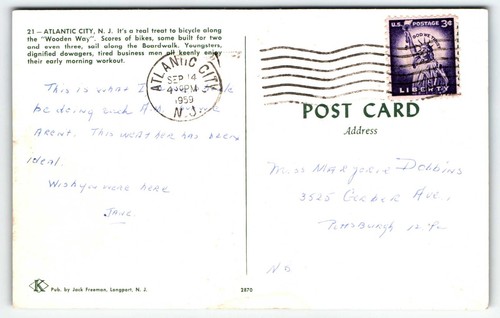 Postcard Bike Riders Tourists on Boardwalk Atlantic City New Jersey NJ PM 1959 - Picture 2 of 2