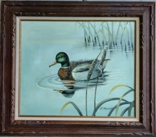 BEAUTIFUL "DUCK IN A POND" OIL PAINTING ON CANVAS BY R WESLERY (AMERICAN XX)