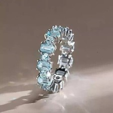 Eternity Band Wedding Ring 1.80Ct Round Cut Simulated Aquamarines 925 Silver