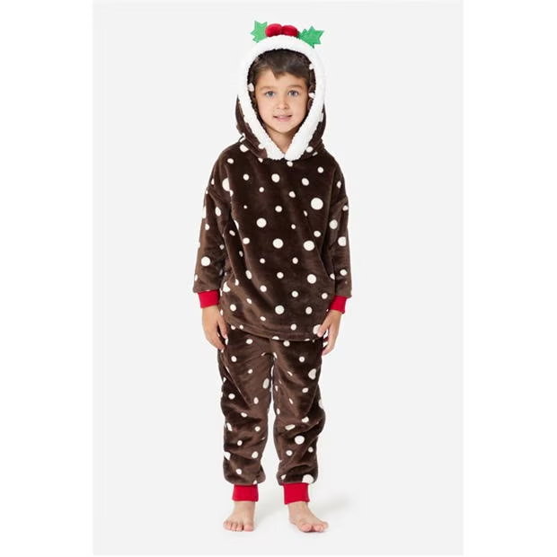 Kids Christmas Fleece Pyjamas Boys Girls 3D Christmas Pudding Pajama Set Pjs
