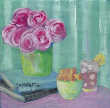 ORIGINAL STILL LIFE ROSES LEMONADE CHERRIES CASEIN PAINTING USA BY SUE FURROW