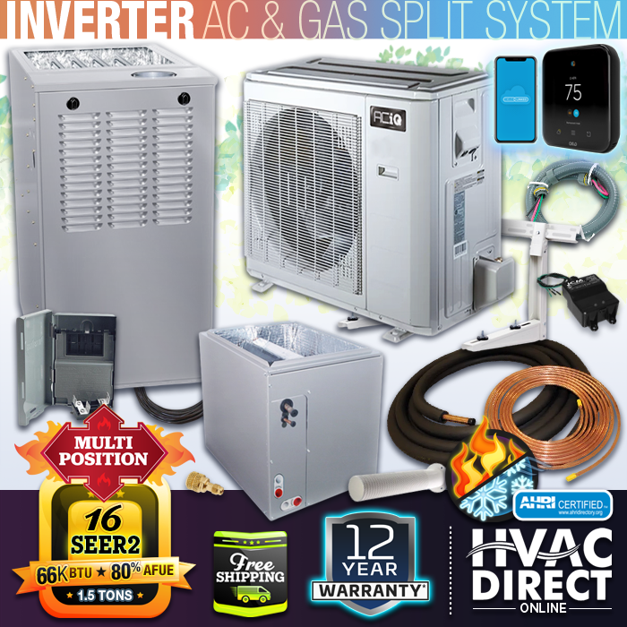 ACiQ 1.5 Ton 16 SEER2 Inverter Air Conditioner & 66K BTU 80% Gas Furnace System