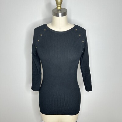 Cache Top Womens Small Black Ribbed Knit 3/4 Sleeve Stretch Gold