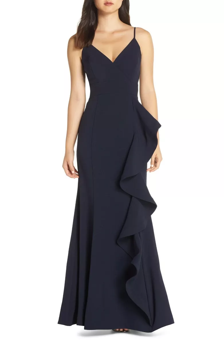 NEW ELIZA J Navy Blue Stretch Crepe Cascading Ruffle VNeck Plunge