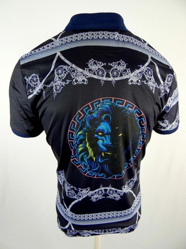 Men Polo Shirt Blue Floral Animal Prints Colorful Slim Fit Stretch Golf 3 Button - Picture 4 of 5