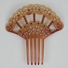 Art Deco Celluloid Hair Comb Large Spanish Fan Peineta Red Rhinestone