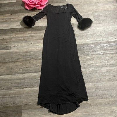David Meister Womens Sz 6 Black Stretch Faux Fur Cuff Long Gown Floor Length