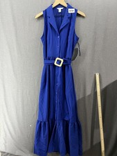 784 Women’s London Times Sz L Blue Belted Button Sleeveless Stylish Dress V-Neck