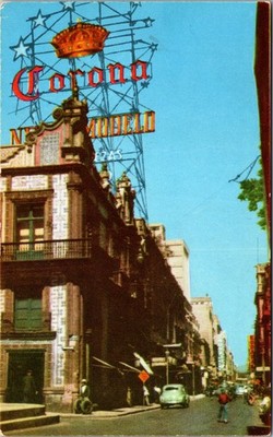 Postcard Mexico Mexico City La Casa de Azulejos tiled building Corona sign