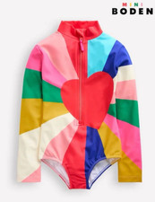 NEW Mini Boden Long-Sleeved Rashguard Swimsuit Zip Front Rainbow Heart Beach