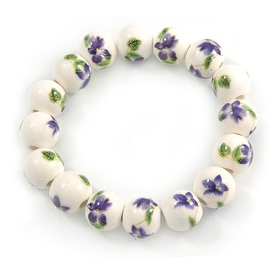 Flexarmband 13 mm sommerlich lila/grün Blumenmuster weiß Keramikperlen -