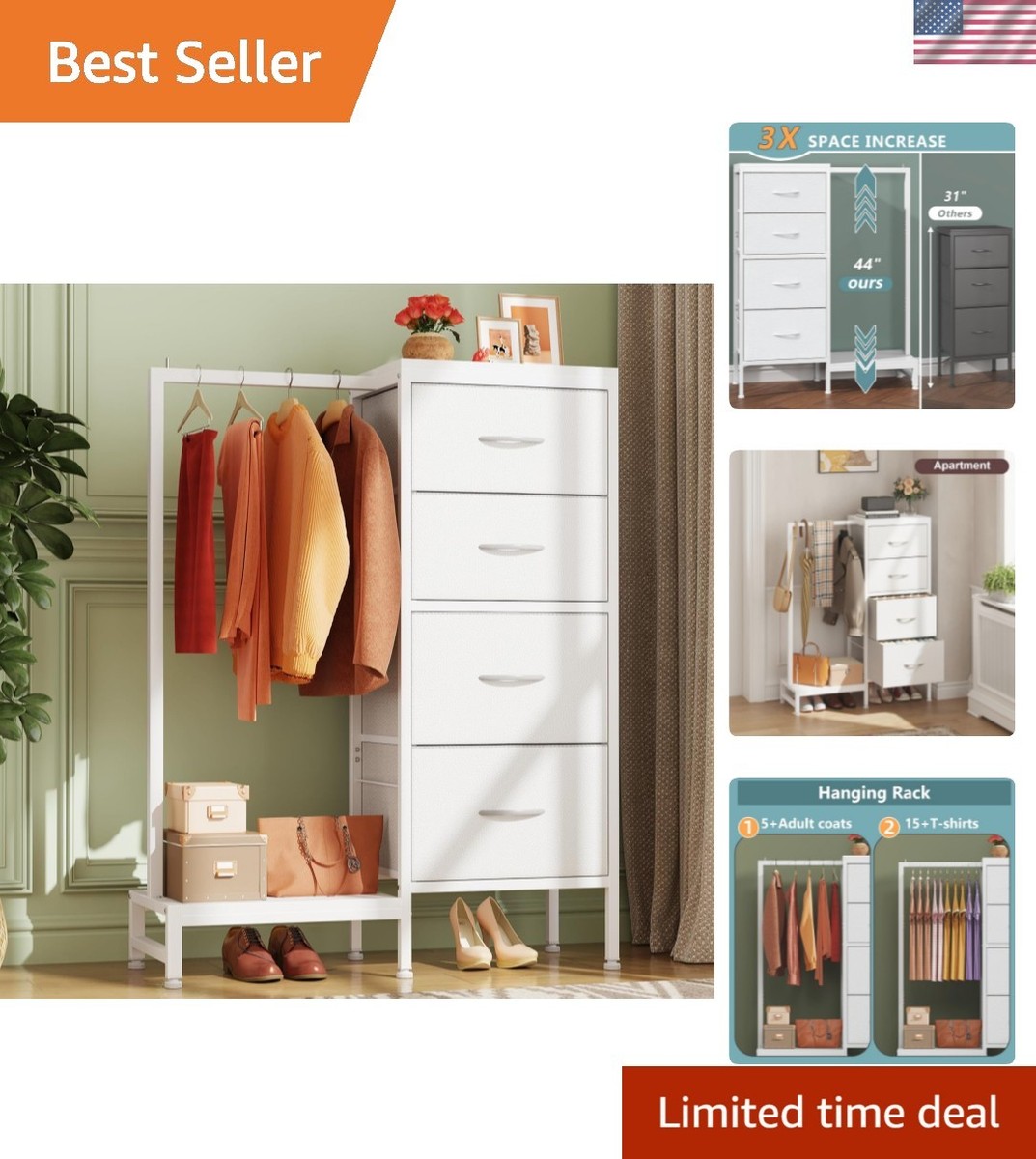 Dresser with Hanging Rack, 4 Drawers Small Closet for Bedroom, Reversible  Fab... | eBay