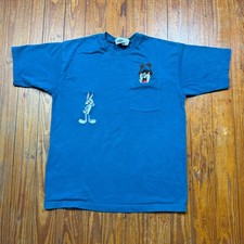 Vintage Looney Tunes Pocket Shirt Mens Size Medium Teal Blue Bugs Bunny Taz