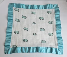 Aden + Anais Teal Elephant Muslin Baby Security Blanket Lovey Satin Trim