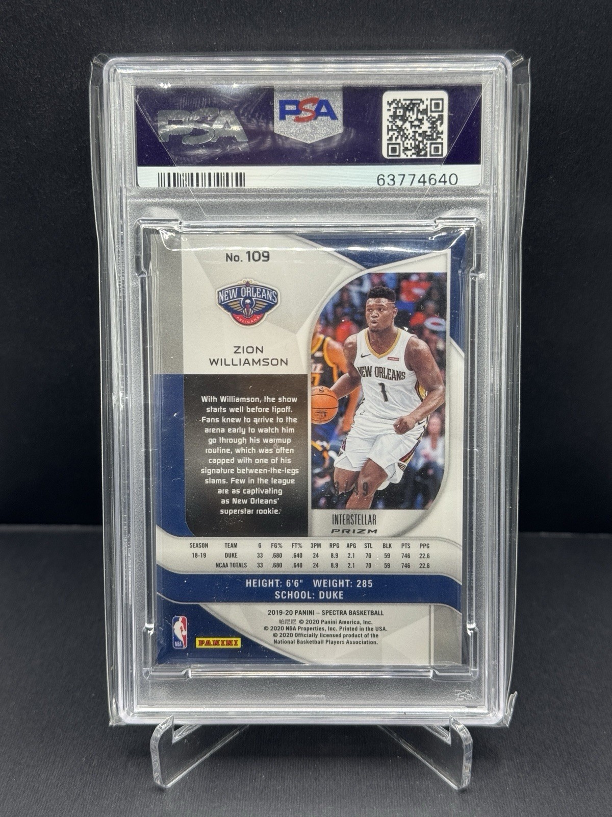 2019 Panini Spectra Interstellar /49 Zion Williamson #109 PSA 9 view 2