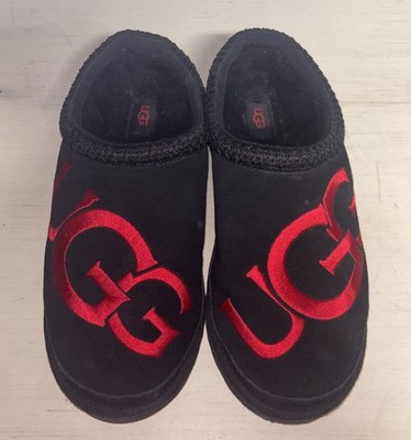 UGG Men Tasman Slipper Black Red Satin Embroidered Stitch Suede Size 13 No Box 
