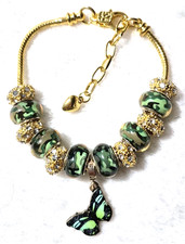 7.9" Camo Green Dangle Charm Spacers Murano Lampwork Glass Beads Bracelet