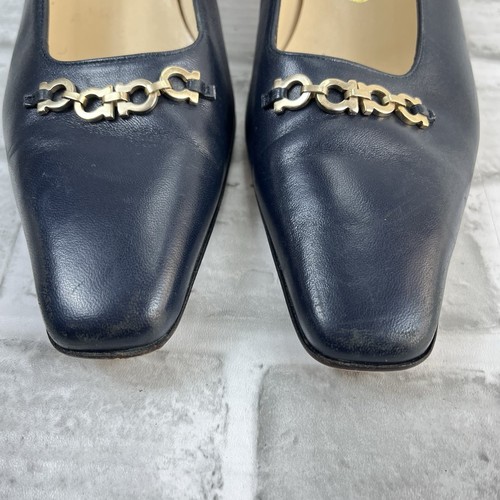 Salvatore Ferragamo Damen 8 blaue Leder Horsebit goldene Details Absätze Vintage - Bild 4 von 13