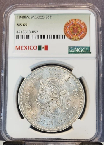 1948 Mo MEXICO SILVER 5 PESOS S5P CUAUHTEMOC NGC MS 65 GEM BU FROSTY LUSTER