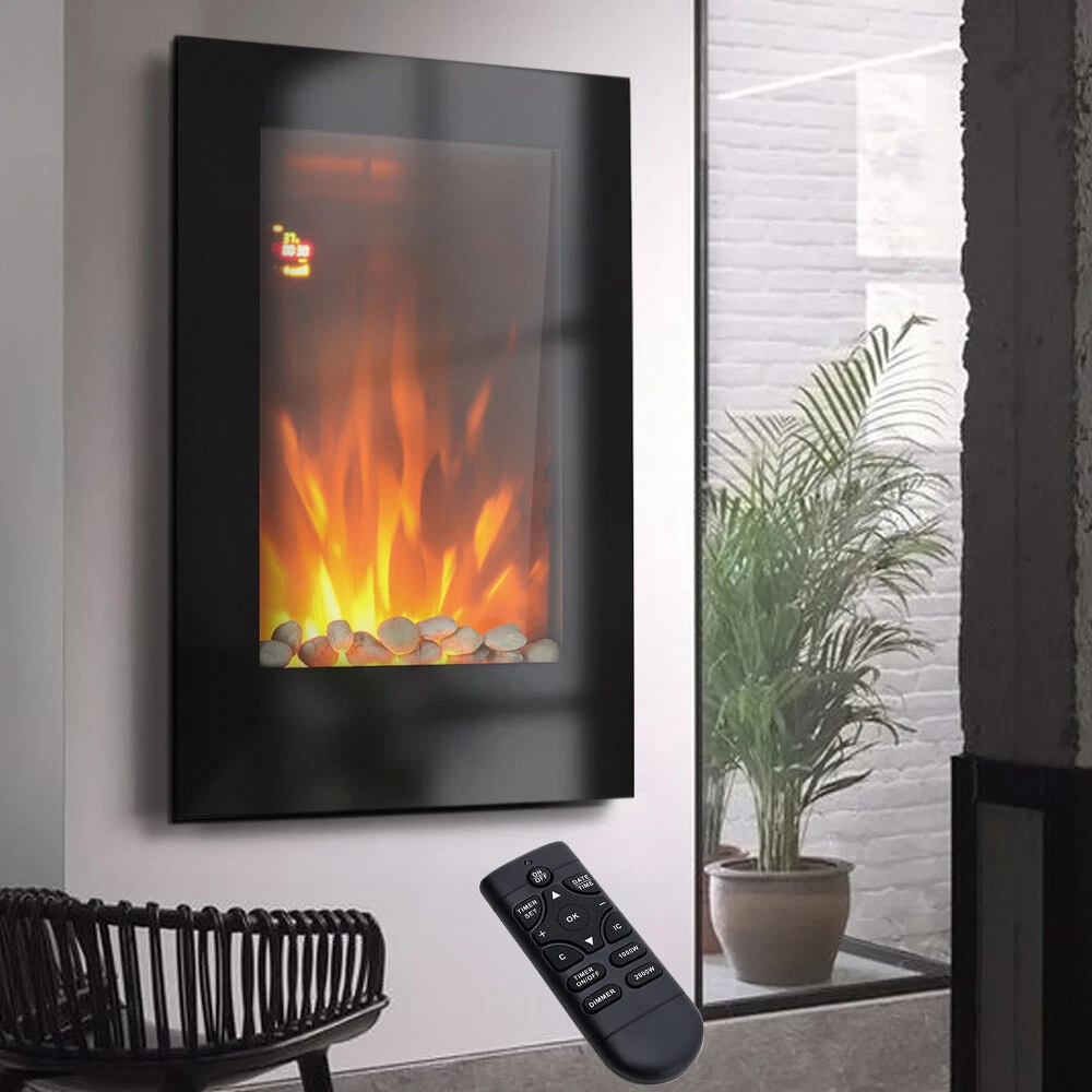 88cm Tall Electric Wall Fire Vertical Mounted Fireplace LED Heater Black  Glass | eBay