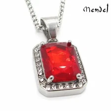 MENDEL Mens Hip Hop Rapper Red CZ Stone Pendant Necklace Chain Stainless Steel