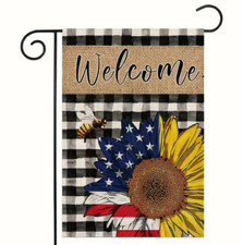 Sunflower Bee Patriotic Welcome Burlap Garden Flag Double Sided 12"x 18"