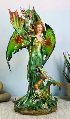 Myth And Legends Emerald Elf Fairy With Two Green Guardian Dragons Figurine 9''H