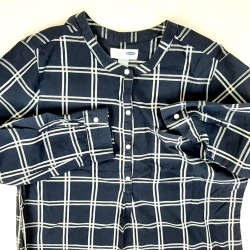 Old Navy Women's Tunic Size L Large Blouse Navy Poplin Plaid 1/4 Button Cotton - Picture 3 of 11