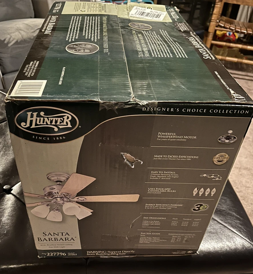 NEW ! HUNTER Santa Barbara 46” Brushed Nickel Ceiling Fan W Light MDL # 23265 - Image 4 of 4