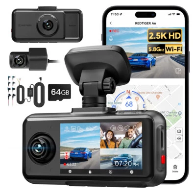 REDTIGER 2.5K Dash Camera 3 Channel Dash Cam, 3" Touch Screen with Hardware kit