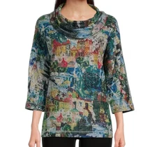NWT Ali Miles Gray/ABSTRACT VILLAGE Brushed Knit Top COWL Neck Sweater 1X POCKET