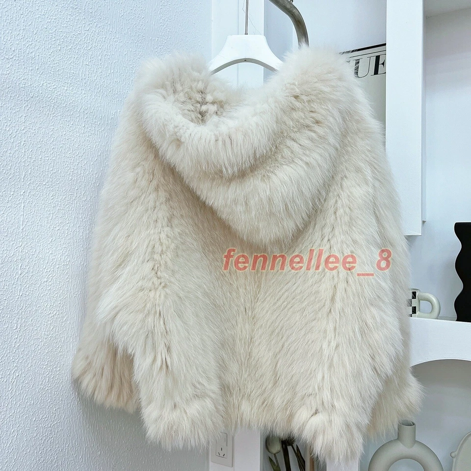 Mujeres Abrigo Tejido Piel de Zorro Real Con Capucha Manga de Murciélago Chaqueta Suelta Cálida Prendas de abrigo Prendas para el torso Foto 3 de 4